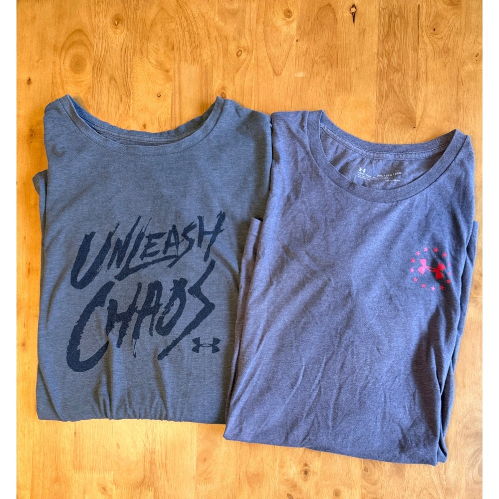 Under Armour Mens 2XL HeatGear T-Shirt Lot Unleash Chaos Freedom Gray 2 Pack
